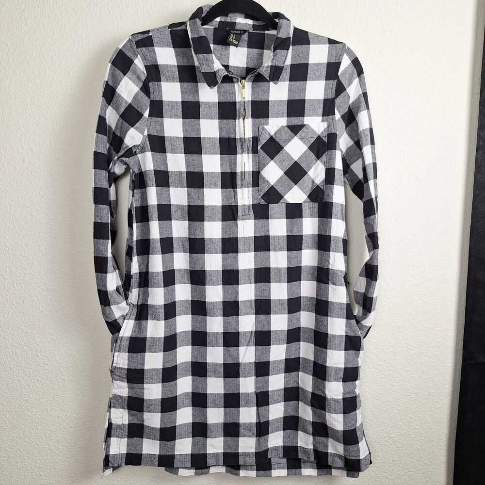 F 21 Buffalo Plaid Tunic Dress Gingham Long Sleeve M Pockets Cozy Lumberjack